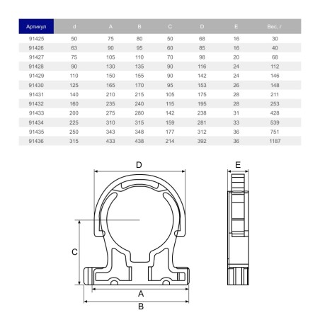 Крепление для труб ПВХ Hidroten 1091426, с фиксатором, d63 мм