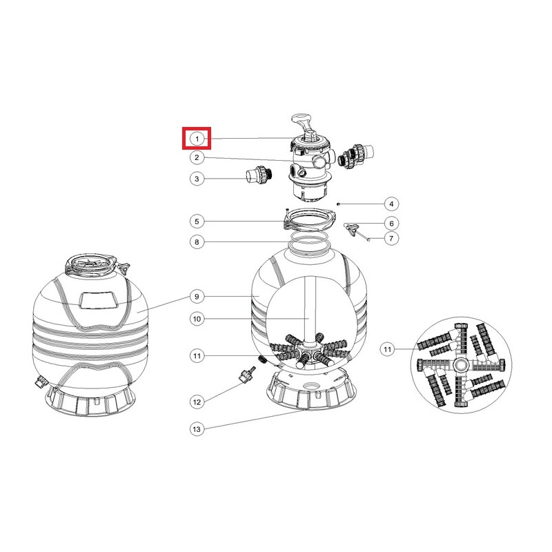Кран шестиходовой Emaux 1.5'' Т/MFV 88281550B, (верхнее подключение)
