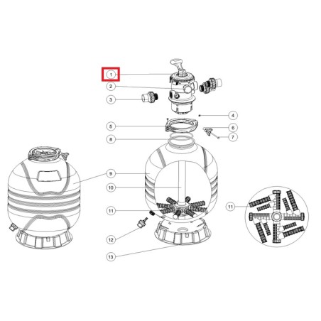 Кран шестиходовой Emaux 1.5'' Т/MFV 88281550B, (верхнее подключение)