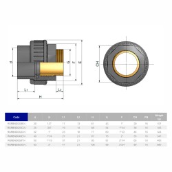 Муфта ПВХ Effast RGRBND040E.N переходная с наружной резьбой, латунь d40x1-1/4"